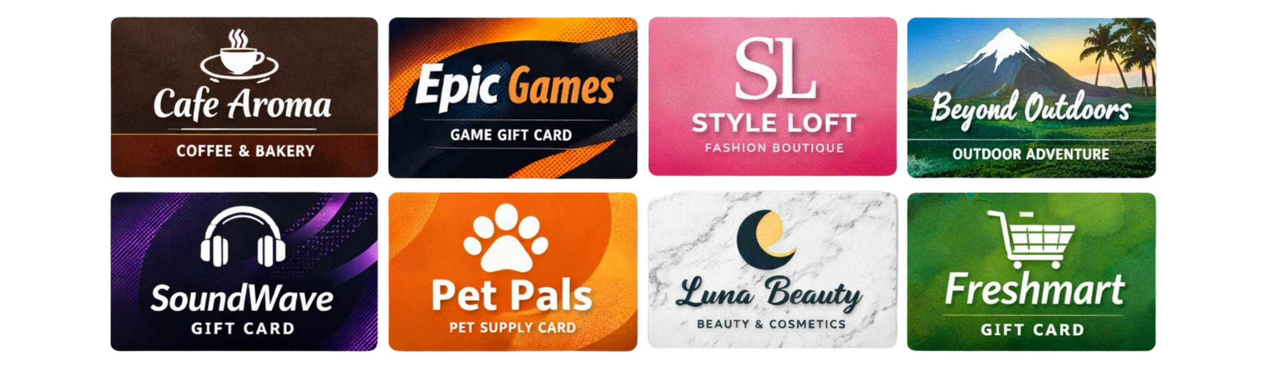 Example gift cards from various businesses